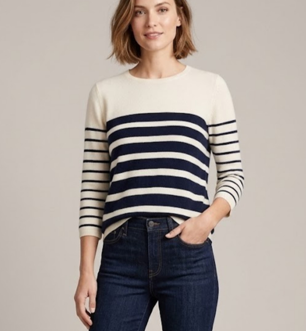J.Crew Italian Cashmere Sweater Women Medium M Cream Black Striped Breton